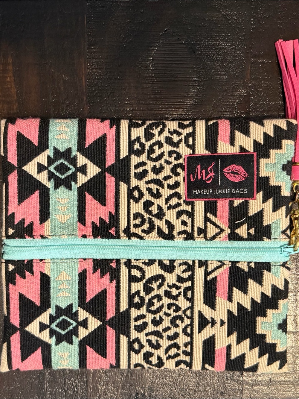 Makeup Junkie - Small Tribal Print Cosmetic Pouch in Pink & Mint